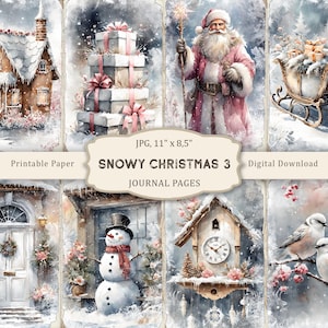Navidad nevada: 3 páginas de diario basura, páginas navideñas rústicas, papel de álbum de recortes acogedor para el invierno, collage navideño imprimible, material efímero vintage