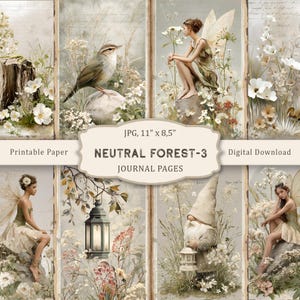 Floresta Neutra - 3 Páginas Imprimíveis de Diário de Fadas, Páginas de Fadas da Floresta, Folhas de Colagem de Fadas, Páginas de Floresta, Papel para Scrapbook, Objetos Vintage