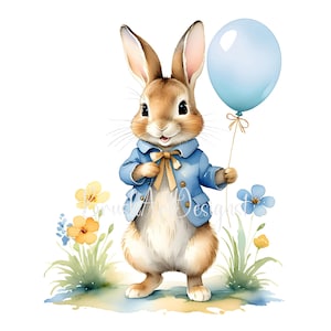 10 Peter Rabbit JPG, Beatrix Potter-stijl, aquarel verjaardag clipart, konijn clipart, ballon clipart, kaarten maken, Paper Craft, digitaal