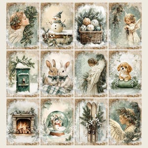 May include: A collection of twelve watercolor Christmas-themed illustrations. The images feature angels, snowmen, rabbits, a puppy, a fireplace, a snow globe, and skis, all set against a backdrop of musical notes and winter foliage. The color palette includes soft greens, whites, and browns.