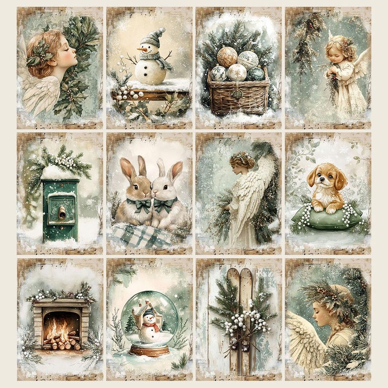 May include: A collection of twelve watercolor Christmas-themed illustrations. The images feature angels, snowmen, rabbits, a puppy, a fireplace, a snow globe, and skis, all set against a backdrop of musical notes and winter foliage. The color palette includes soft greens, whites, and browns.