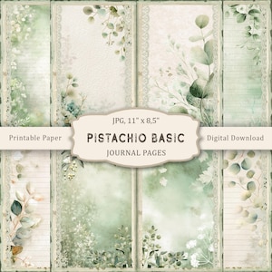 Puede incluir: Descarga digital de páginas de diario en verde pistacho y blanco, con ilustraciones botánicas y bordes de encaje. El texto de la imagen dice "PISTACHIO BASIC JOURNAL PAGES" y "JPG, 11" x 8,5". Las páginas miden aproximadamente 28 x 21,6 cm.