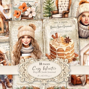 Acogedor kit de diario basura de invierno, Páginas de diario basura de Navidad, Papel imprimible de diario basura, Papel de Navidad para álbum de recortes, Hoja de collage digital
