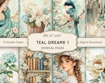Teal Dreams #1 Junk Journal Pages, Flowers Paper, Green Scrapbook Papers, Fantasy Collage, Vintage Ephemera