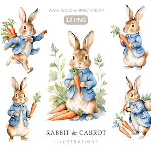Peter Rabbit- 12PNG, Beatrix Potter Style, Spring clipart, Bunny clipart, Card Making, Paper Craft, Digital Download, Watercolor Pictures