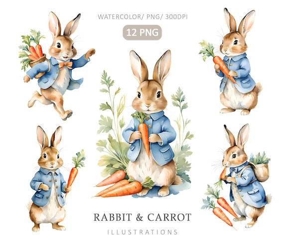 Peter Rabbit and Carrots Clipart- 12PNG, Beatrix Potter Style, Spring clipart, Digital Download