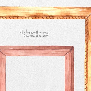 May include: Two watercolor painted picture frames, one inside the other. The outer frame is a light brown wood with a decorative edge. The inner frame is a reddish brown wood.