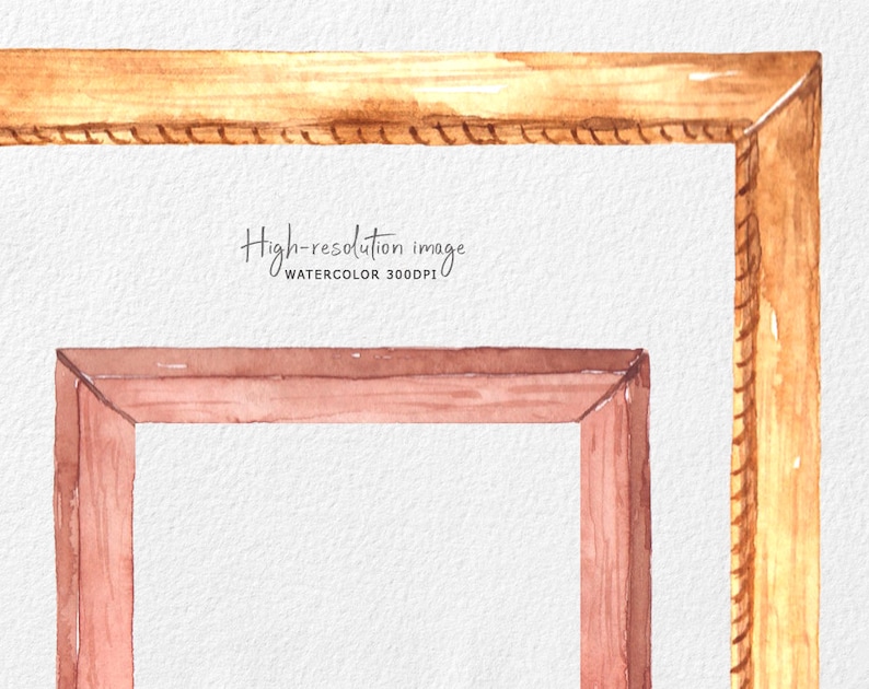 May include: Two watercolor painted picture frames, one inside the other. The outer frame is a light brown wood with a decorative edge. The inner frame is a reddish brown wood.