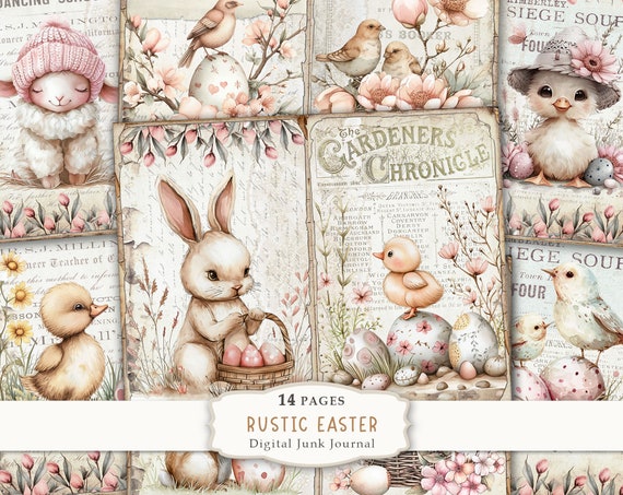 Rustic Easter- 14 Junk Journal Pages Kit, Spring Junk Journal, Vintage Scrapbook Paper, Scrapbook Supplies, Spring Pages, Digital Download