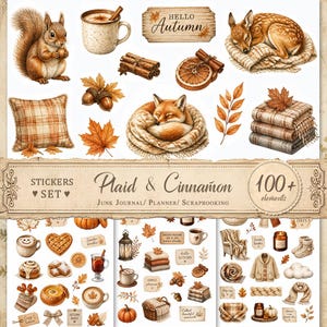 Può includere: Un set di adesivi digitali con illustrazioni a tema autunnale che includono uno scoiattolo, un cerbiatto addormentato, una volpe raggomitolata su una coperta, cuscini a quadri, cannella, fette d'arancia, foglie e bevande calde.