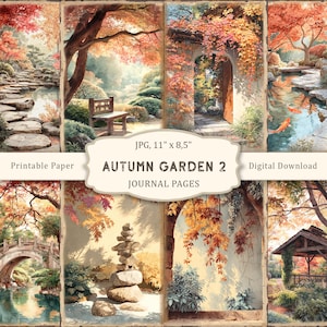May include: A collage of watercolor illustrations featuring an autumn garden scene. The images showcase a Japanese garden with a pond, stone pathways, and a wooden bench. The text "AUTUMN GARDEN 2 JOURNAL PAGES" is visible. The paper size is 11" x 8.5".
