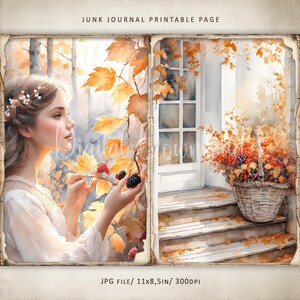 May include: A printable junk journal page with a watercolor illustration of a woman in a white dress picking berries from a bush, and a basket of berries on a porch with a white door and steps.