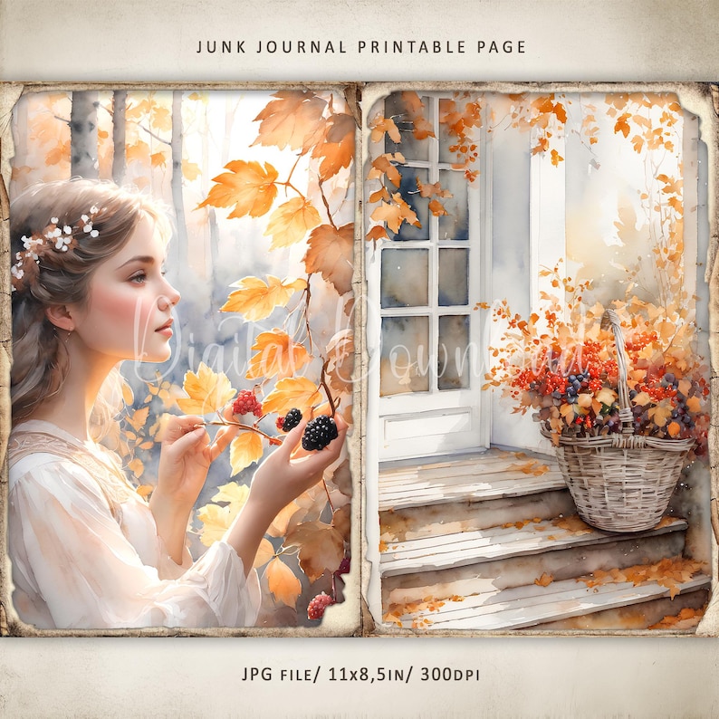 May include: A printable junk journal page with a watercolor illustration of a woman in a white dress picking berries from a bush, and a basket of berries on a porch with a white door and steps.