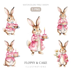 Flopsie Rabbit & Cake Cliparts PNG, Beatrix Potter Stil, Peter Rabbit Schwester, Digitales Aquarell Geburtstag Clipart, Kartenherstellung, Papierwesen