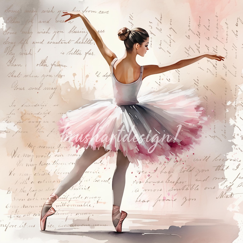 Puede incluir: Una pintura de acuarela de una bailarina con un tut&uacute; rosa y gris, sobre un fondo de letras manuscritas antiguas.