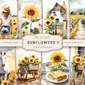 Kit di diario spazzatura Girasoli-2, pagine stampabili di girasoli acquerello, carta per scrapbooking girasoli, collage di fiori, effimeri vintage autunnali