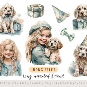 Geburtstag Clipart 18PNG, Hund Clipart, Mädchen und Welpe, Geschenk Clipart, Kindergeburtstag, DIY Geburtstagsgeschenk, Kinder Clipart
