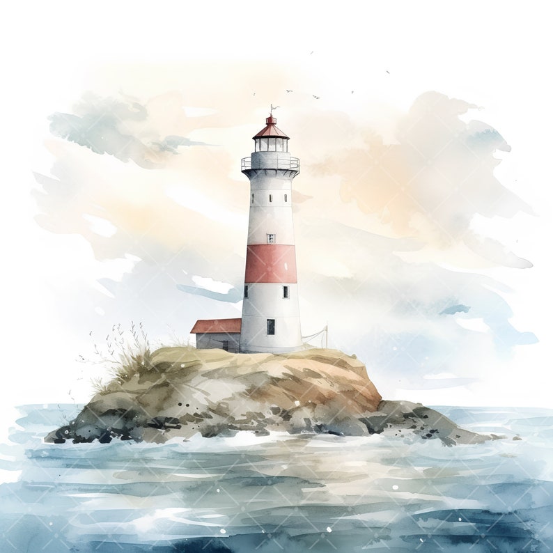 Puede incluir: Una pintura de acuarela de un faro blanco y rojo en una isla rocosa en el oc&eacute;ano. El cielo es de un azul suave con nubes blancas y el agua es de un azul claro con olas.