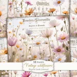 Kit de diário de lixo de flores silvestres, páginas para impressão de diário de flores, páginas para impressão de primavera, papel para scrapbook de flores vintage, itens efêmeros vintage