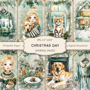 Christmas day Junk Journal Kit, Watercolor Green Christmas Printable Pages, Winter Scrapbooking Paper, Christmas Collage, Vintage Ephemera