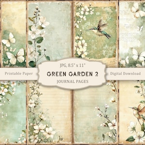 May include: A digital download of printable journal pages. The pages feature a vintage aesthetic with butterflies, hummingbirds, and floral elements. The text on the image reads "GREEN GARDEN 2 JOURNAL PAGES" and "JPG, 8.5" x 11".
