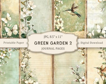 May include: A digital download of printable journal pages. The pages feature a vintage aesthetic with butterflies, hummingbirds, and floral elements. The text on the image reads "GREEN GARDEN 2 JOURNAL PAGES" and "JPG, 8.5" x 11".