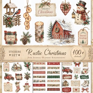 May include: A collection of rustic Christmas stickers featuring illustrations of a snowman, a red barn, a bird feeder, pinecones, plaid hearts, and decorative tags with text like Merry Christmas, Believe, and Season's Greetings on a white background.