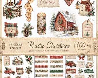 Puede incluir: Una colección de pegatinas navideñas rústicas con ilustraciones de un muñeco de nieve, un granero rojo, un comedero para pájaros, piñas, corazones a cuadros y etiquetas decorativas con textos como Merry Christmas, Believe y Season's Greetings.