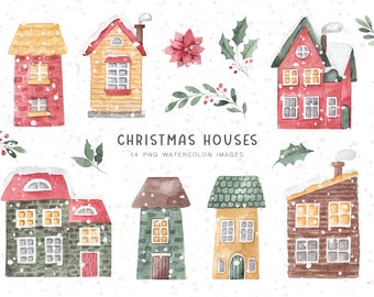 Christmas houses clipart- 14PNG, Houses watercolor clipart, Christmas clipart, House PNG, Winter cottage, Digital download, Cards houses