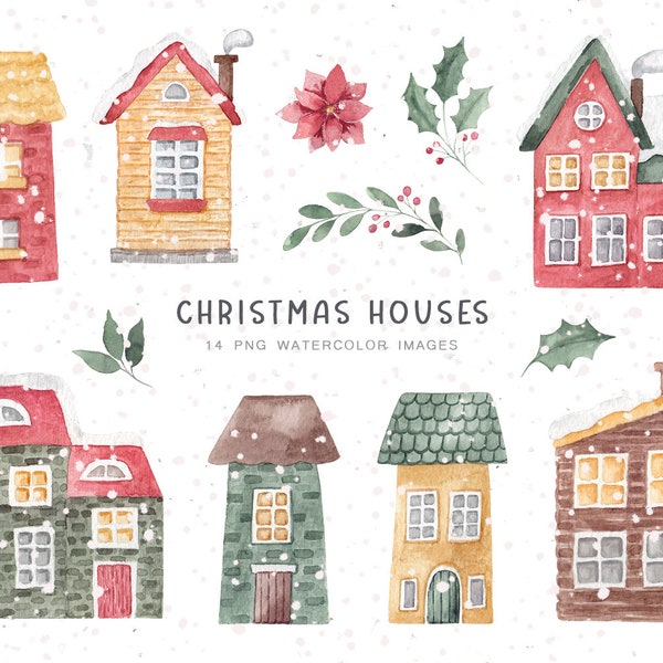 Christmas houses clipart- 14PNG, Houses watercolor clipart, Christmas clipart, House PNG, Winter cottage, Digital download, Cards houses