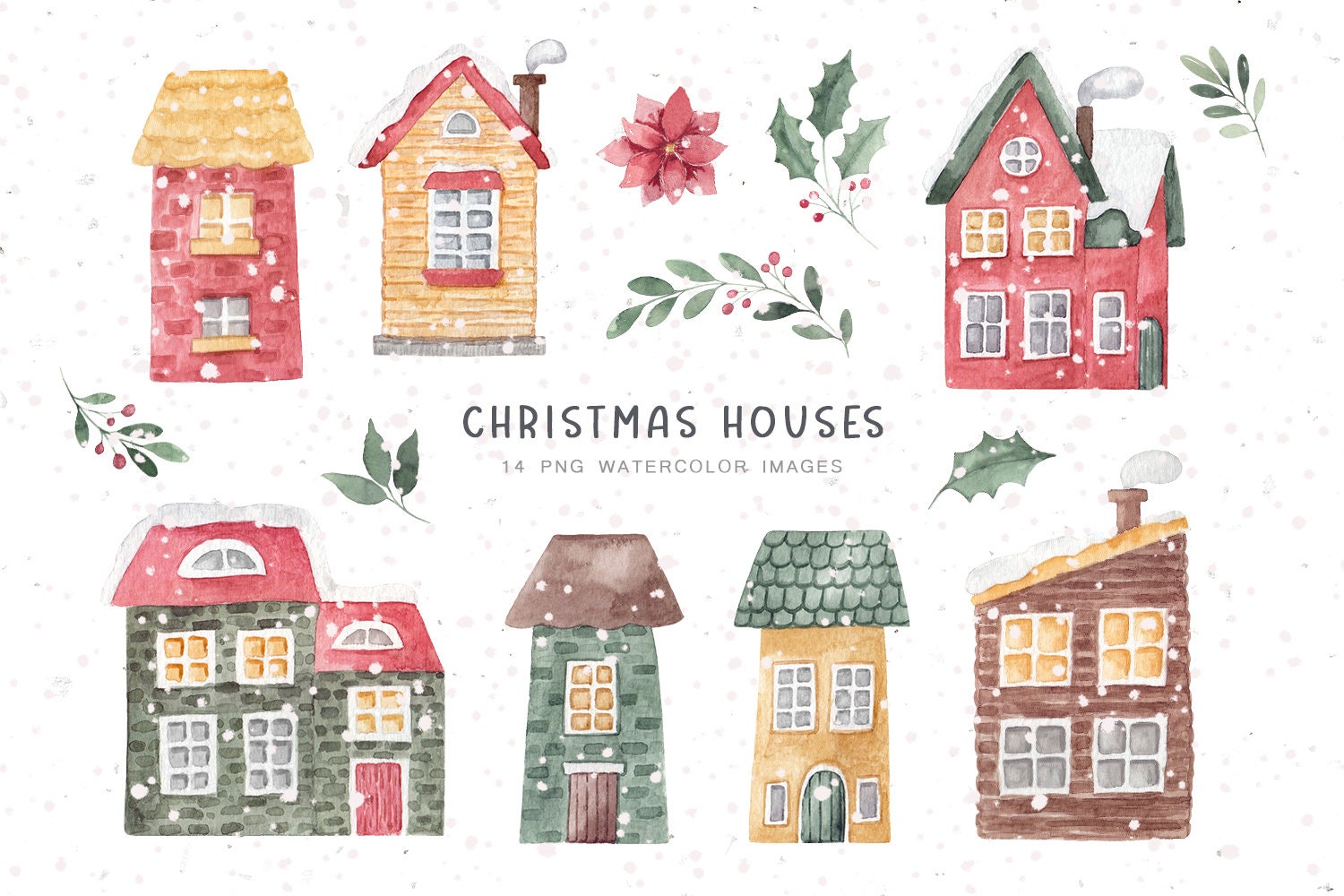 Christmas houses clipart- 14PNG, Houses watercolor clipart, Christmas clipart, House PNG, Winter cottage, Digital download, Cards houses