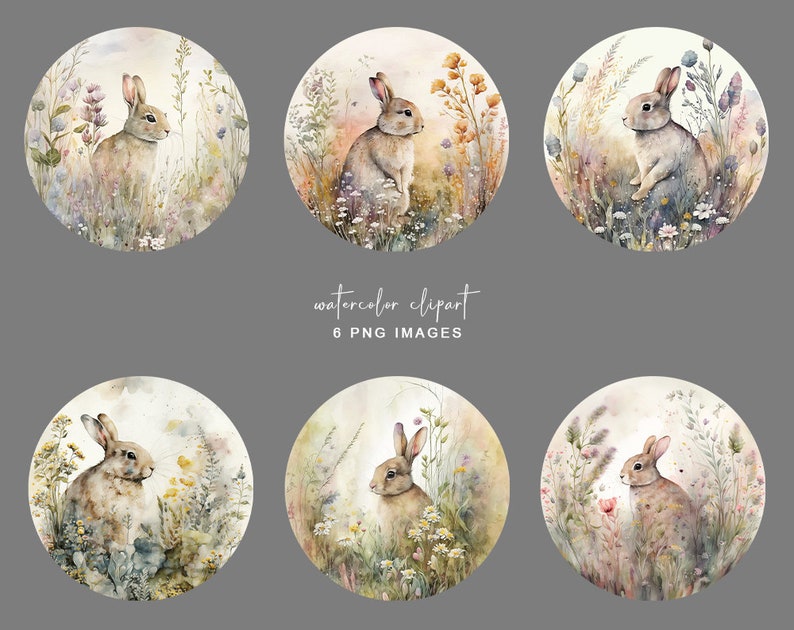 May include: Six watercolor illustrations of a brown rabbit in a field of wildflowers. Each illustration is a circle with a white background and features a different arrangement of flowers and grasses.