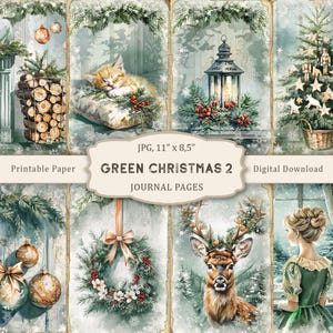Kit de carnet de voyage vert Noël-2, pages imprimables aquarelle Noël vert, papier de scrapbooking hiver, collage de Noël, éphémères vintage