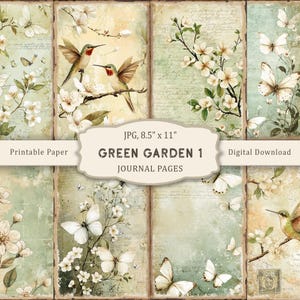 Puede incluir: Un collage de páginas de diario imprimibles con una estética vintage. Las páginas presentan mariposas, colibríes y elementos florales en tonos suaves de verde, beige y crema. El texto en las páginas dice "GREEN GARDEN 1 JOURNAL PAGES" y "JPG, 21,6 x 27,9 cm".
