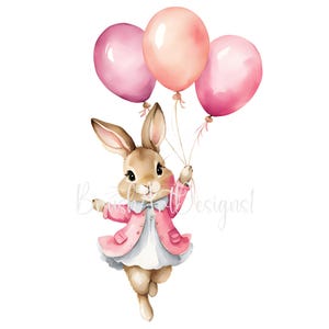 May include: A watercolour illustration of a brown bunny wearing a pink jacket and a white dress, holding three pink and peach balloons.