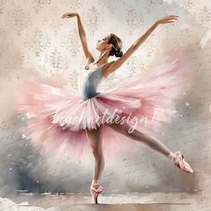 Puede incluir: Una pintura de acuarela de una bailarina con un tut&uacute; rosa y zapatillas de punta. La bailarina est&aacute; en una pose de baile elegante con los brazos extendidos. El fondo es un suave patr&oacute;n floral descolorido.