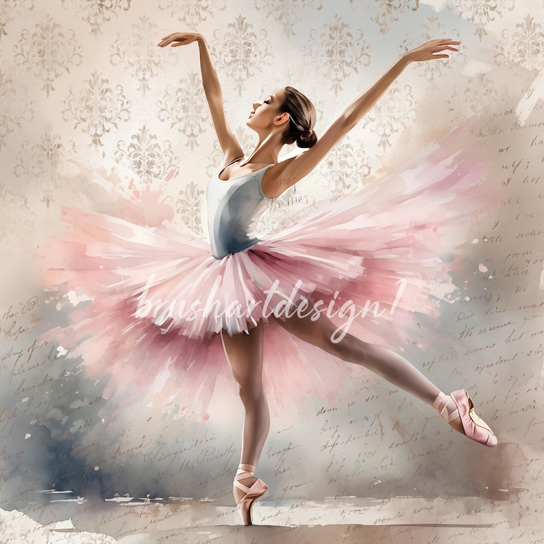 Puede incluir: Una pintura de acuarela de una bailarina con un tut&uacute; rosa y zapatillas de punta. La bailarina est&aacute; en una pose de baile elegante con los brazos extendidos. El fondo es un suave patr&oacute;n floral descolorido.