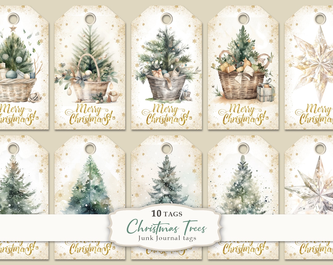 Christmas Trees Favor Tags, Vintage Holiday Labels Printable (digital ...