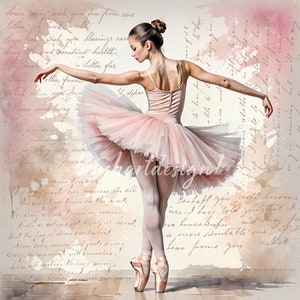 Puede incluir: Una bailarina con un tut&uacute; rosa y zapatillas de punta posa sobre un fondo de acuarela con texto descolorido. El fondo es de un rosa suave y blanco con un toque vintage.