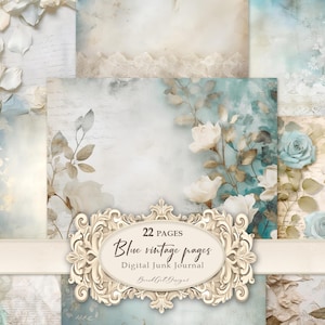 Blaues Shabby Chic Papier - 22JPG, Vintage romantisches Papier, Junk Journal Seiten, viktorianische Rosenblumen, Vintage bedruckbares Papier, Hochzeit