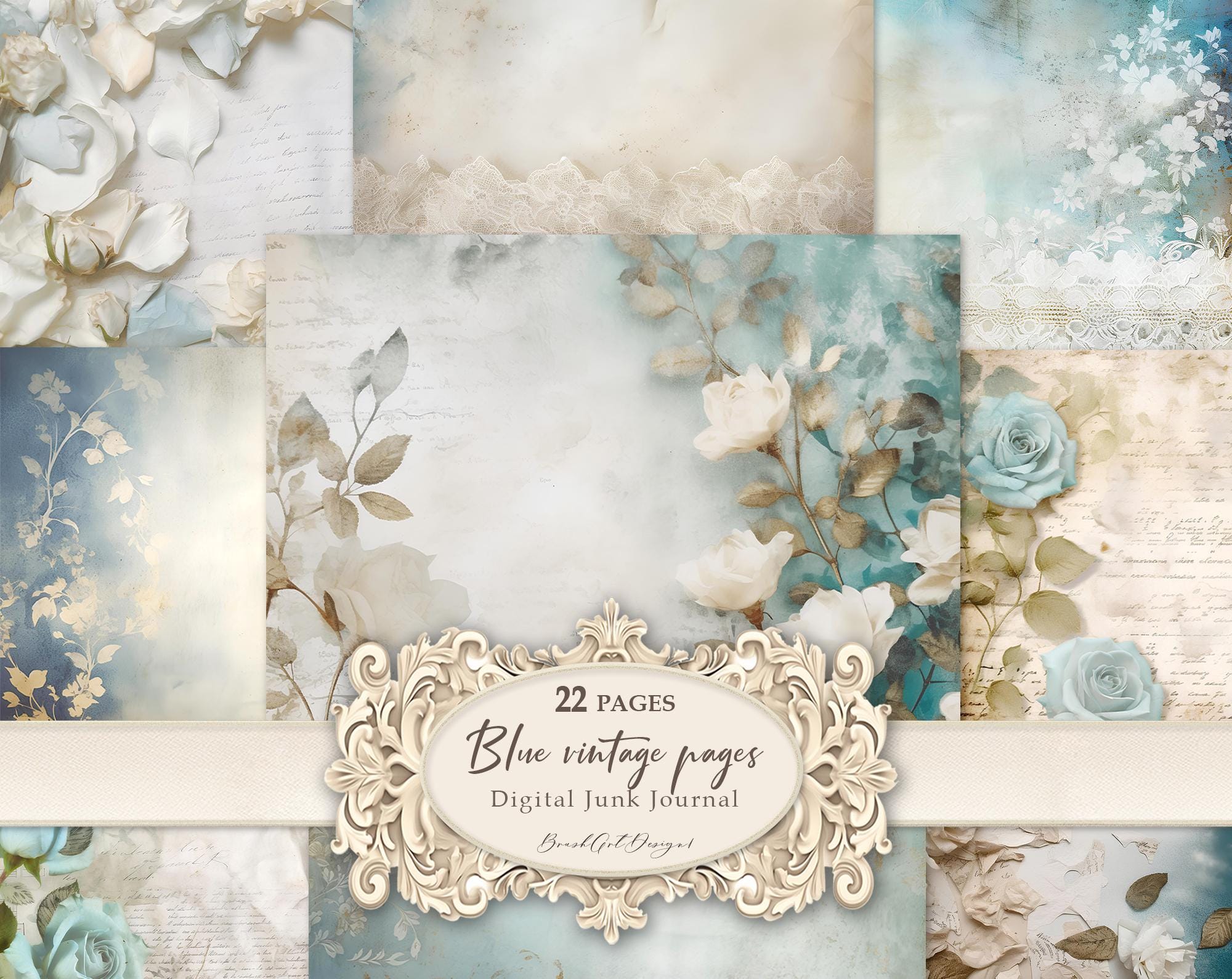 Blue Shabby Chic Paper- 22JPG, Vintage Romantic Paper, Junk
