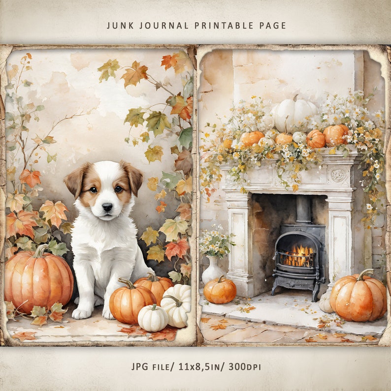 May include: A printable page with two images. The left image features a white puppy with brown ears sitting with pumpkins and fall leaves. The right image shows a fireplace with a wood-burning stove and pumpkins in front of it. The text "JUNK JOURNAL PRINTABLE PAGE" is at the top of the page. The text "JPG FILE/ 11x8.5IN/ 300DPI" is at the bottom of the page.
