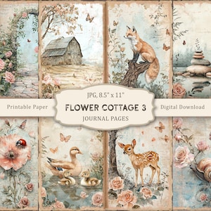 Flower Cottage-3 Junk Journal Pages, Woodland Paper, Nature Collage, Animals Ephemera, Digital Download