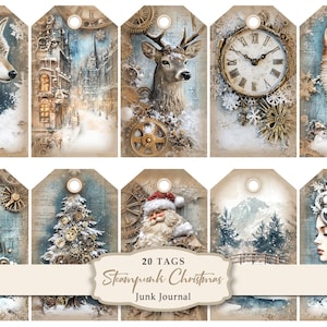 May include: A set of 20 steampunk Christmas tags. The tags showcase diverse designs such as a wolf, a city scene, a deer, a clock, a fox, a car, a Christmas tree, Santa Claus, a mountain landscape, and a woman's portrait.