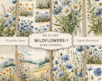 Wildflower-1 skräpjournalsidor, utskrivbara vintageprästkragar, scrapbookingpapper för botaniska efemerablommor