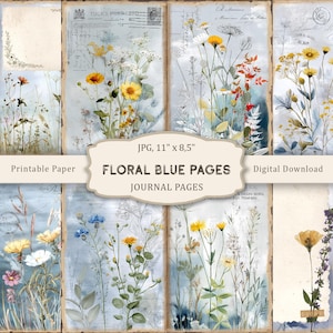 Puede incluir: Una descarga digital de ocho páginas de diario imprimibles con ilustraciones de acuarela de flores silvestres azules y amarillas sobre un fondo azul. El texto "Floral Blue Pages" y "Journal Pages" está incluido en la imagen.
