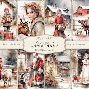 Peut inclure: Téléchargement numérique de pages de journal imprimables sur le thème de Noël à la ferme. Les pages présentent des illustrations à l'aquarelle de scènes d'hiver, notamment des personnes, des animaux et des bâtiments. Le texte "Farmhouse CHRISTMAS 3 JOURNAL PAGES" est visible.
