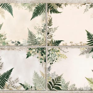 May include: Four rectangular cards with a vintage aesthetic. Each card features a cream-colored background with watercolor illustrations of ferns and other greenery in shades of green and gray, creating a botanical theme.