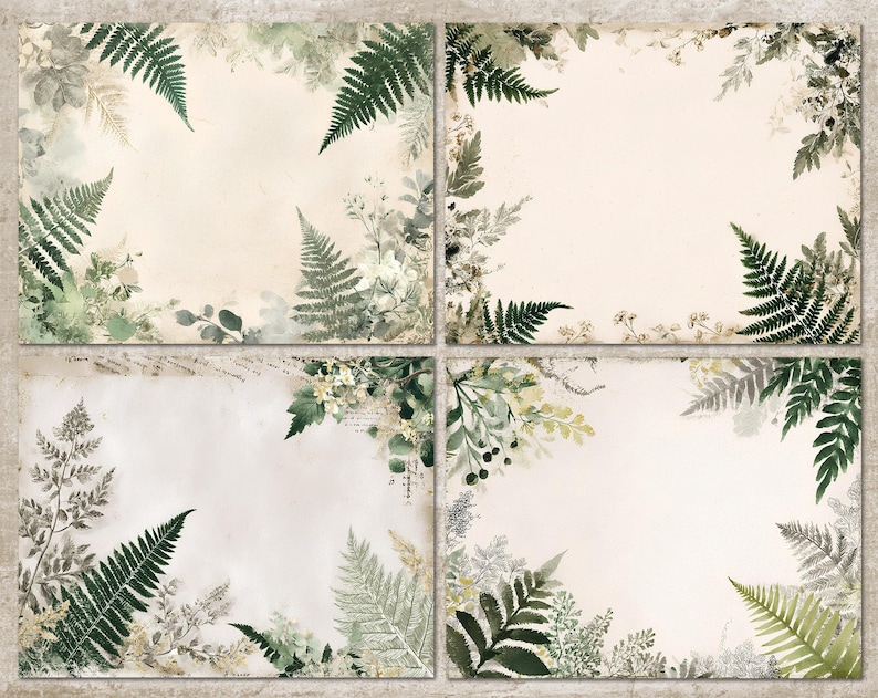 May include: Four rectangular cards with a vintage aesthetic. Each card features a cream-colored background with watercolor illustrations of ferns and other greenery in shades of green and gray, creating a botanical theme.