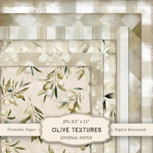 Könnte beinhalten: Ein Stapel bedruckbarer Journalpapiere mit verschiedenen Mustern. Die Papiere zeigen Olivenzweig-Designs, florale Muster und Karomuster in Beige-, Creme- und Olivgrüntönen. Die Papiere sind 21,6 cm x 27,9 cm groß.